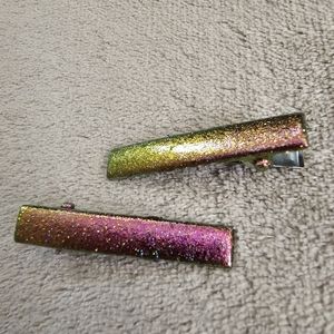 2 Iridescent Holo Sparkle Glitter Hair Clips Pink Yellow Color Change
